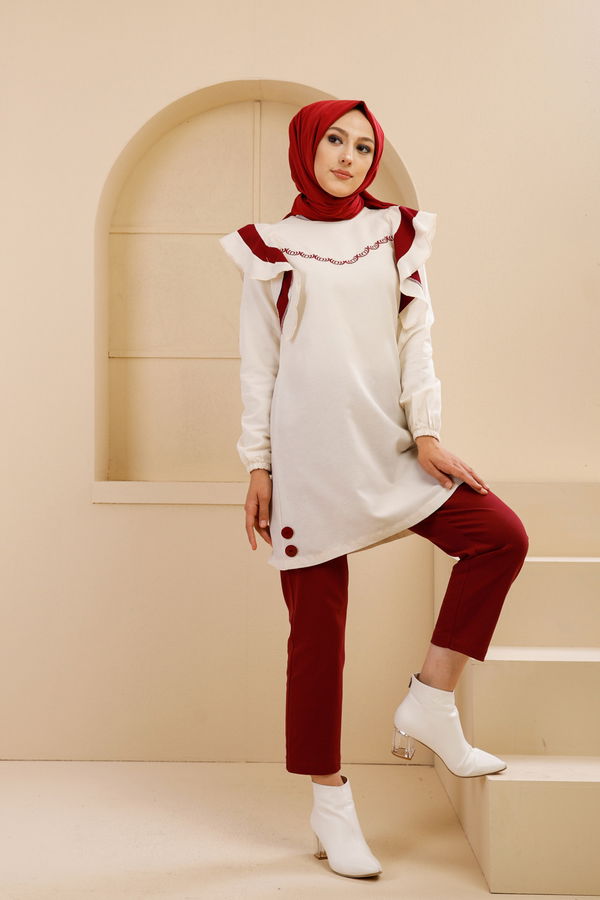 Düz Bisiklet Yaka Kadın Bordo 3076 NAKIŞLI TUNİK - 3076