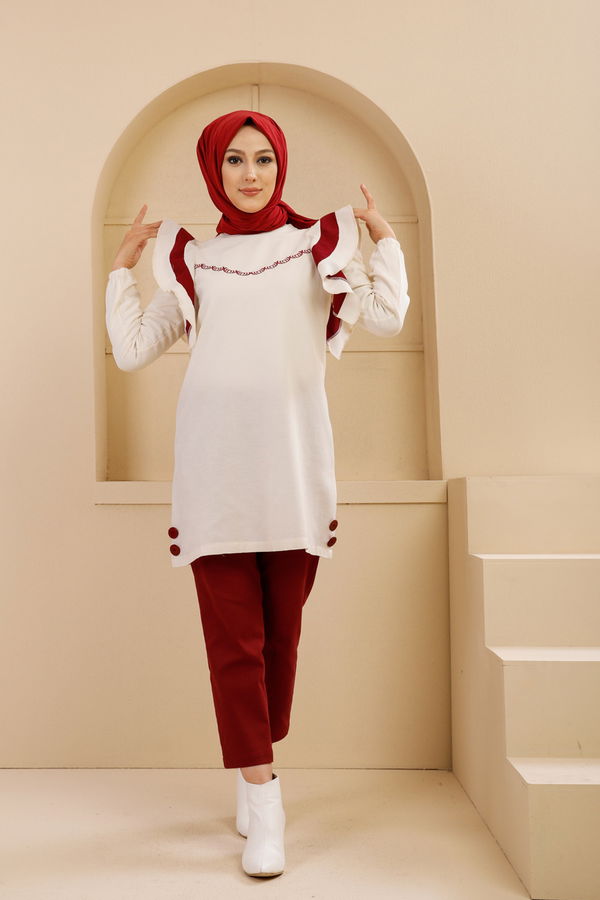Düz Bisiklet Yaka Kadın Bordo 3076 NAKIŞLI TUNİK - 3076