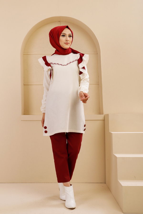 Düz Bisiklet Yaka Kadın Bordo 3076 NAKIŞLI TUNİK - 3076