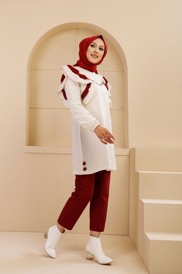 Düz Bisiklet Yaka Kadın Bordo 3076 NAKIŞLI TUNİK - 3076