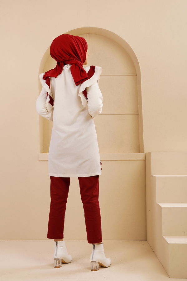 Düz Bisiklet Yaka Kadın Bordo 3076 NAKIŞLI TUNİK - 3076
