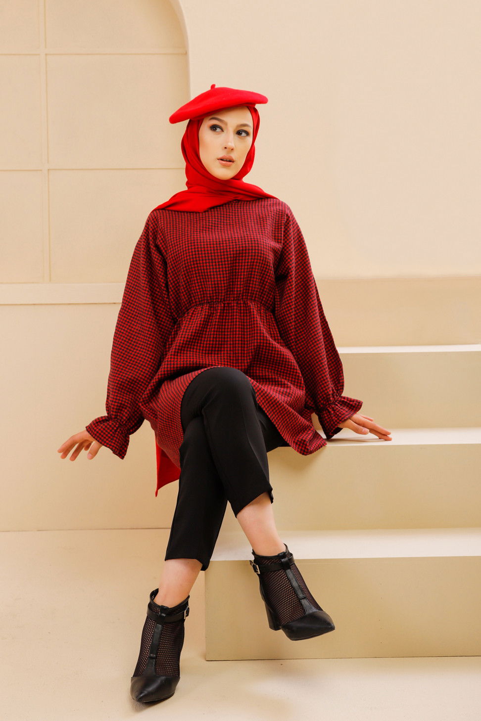 Düz Bisiklet Yaka Kadın Kırmızı 8632 YARASA KOL TUNIK - 8632 Kırmızı