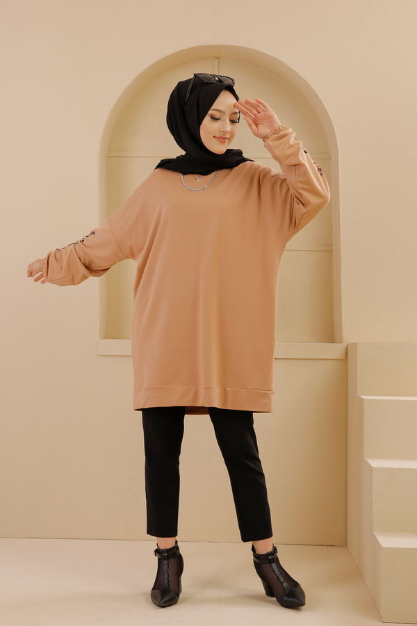 Düz Bisiklet Yaka Kadın Bej TUNIK - 3357 BEJ