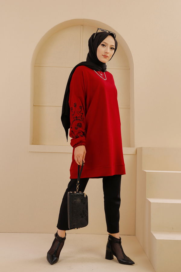 Düz Bisiklet Yaka Kadın Bordo TUNIK - 3357
