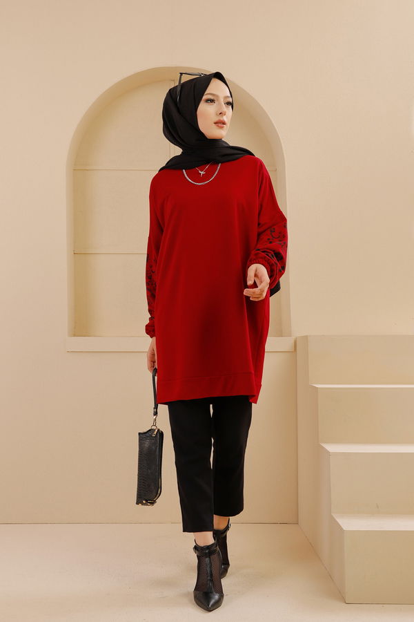 Düz Bisiklet Yaka Kadın Bordo TUNIK - 3357