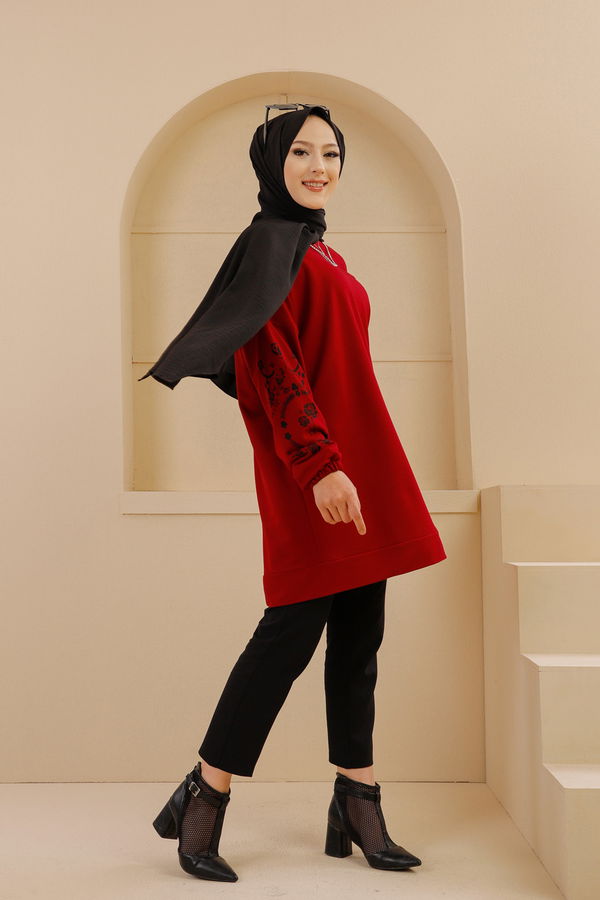 Düz Bisiklet Yaka Kadın Bordo TUNIK - 3357