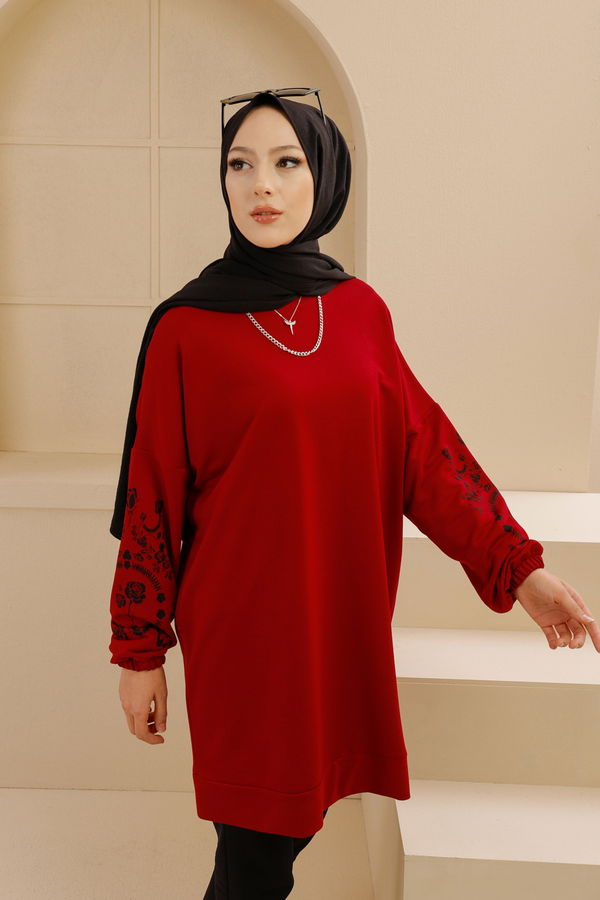 Düz Bisiklet Yaka Kadın Bordo TUNIK - 3357