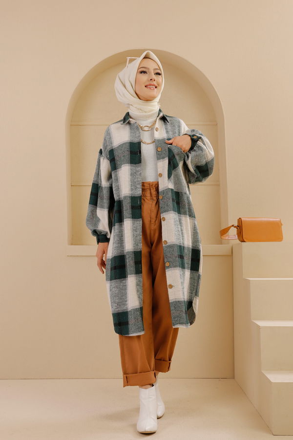 Düz Gömlek Yaka Kadın Yeşil TUNIK - 8636