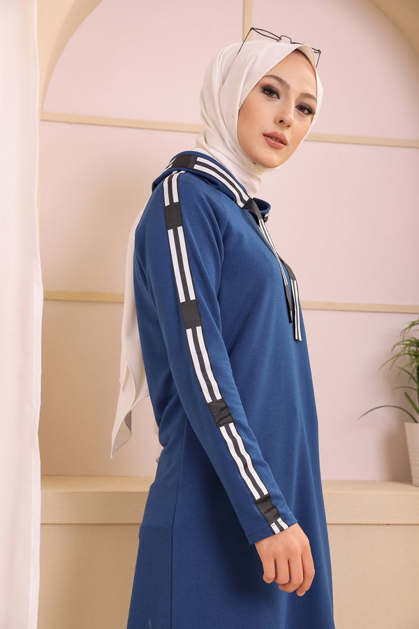 Düz Kapşonlu Yaka Kadın Mavi SERITLI TUNIK - 8358 MAVİ