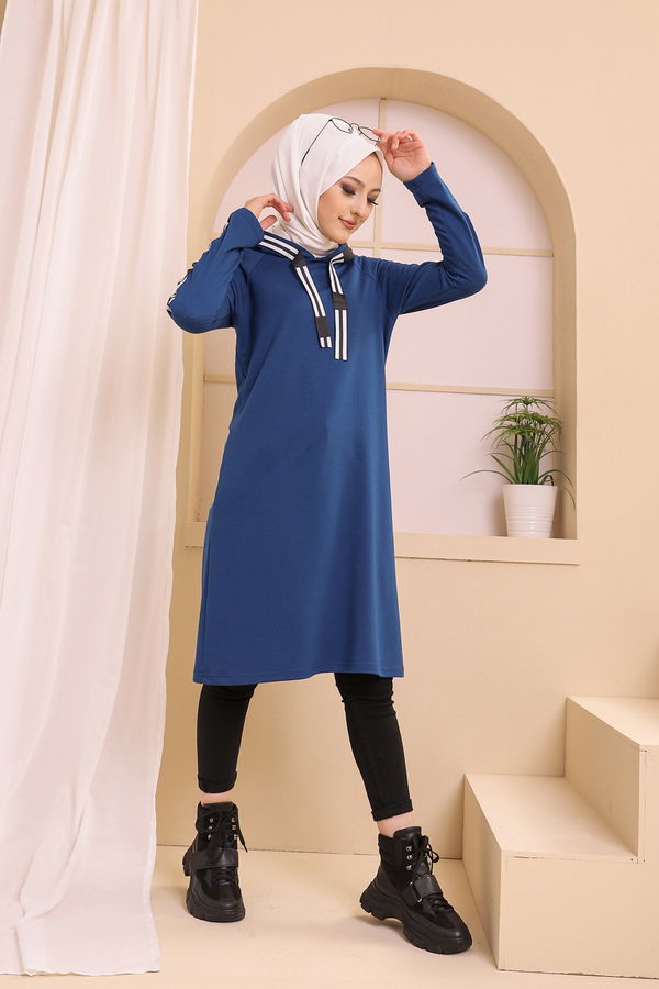 Düz Kapşonlu Yaka Kadın Mavi SERITLI TUNIK - 8358 MAVİ