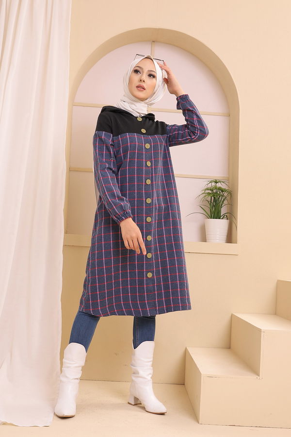 Düz Kapşonlu Yaka Kadın Lacivert KAPSONLU TUNIK - 8609 LACİVERT