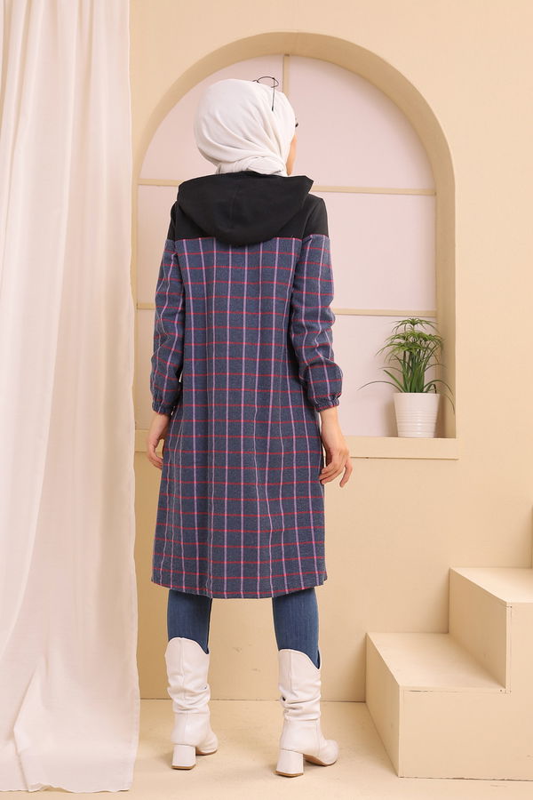 Düz Kapşonlu Yaka Kadın Lacivert KAPSONLU TUNIK - 8609 LACİVERT