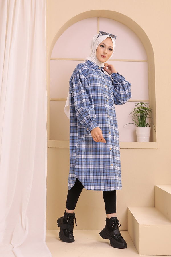 Düz Gömlek Yaka Kadın Mavi 8623 TUNIK - Mavi - STD - 8623