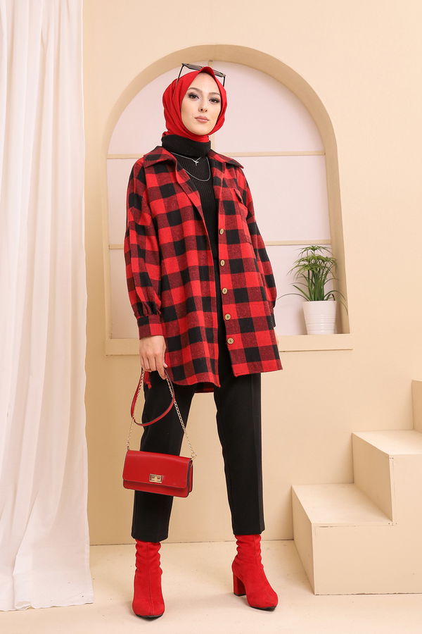 Düz Gömlek Yaka Kadın Kırmızı 3380 TUNIK - 3380 Kırmızı