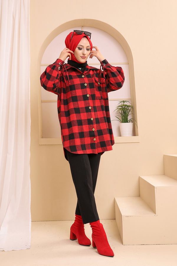 Düz Gömlek Yaka Kadın Kırmızı 3380 TUNIK - 3380 Kırmızı