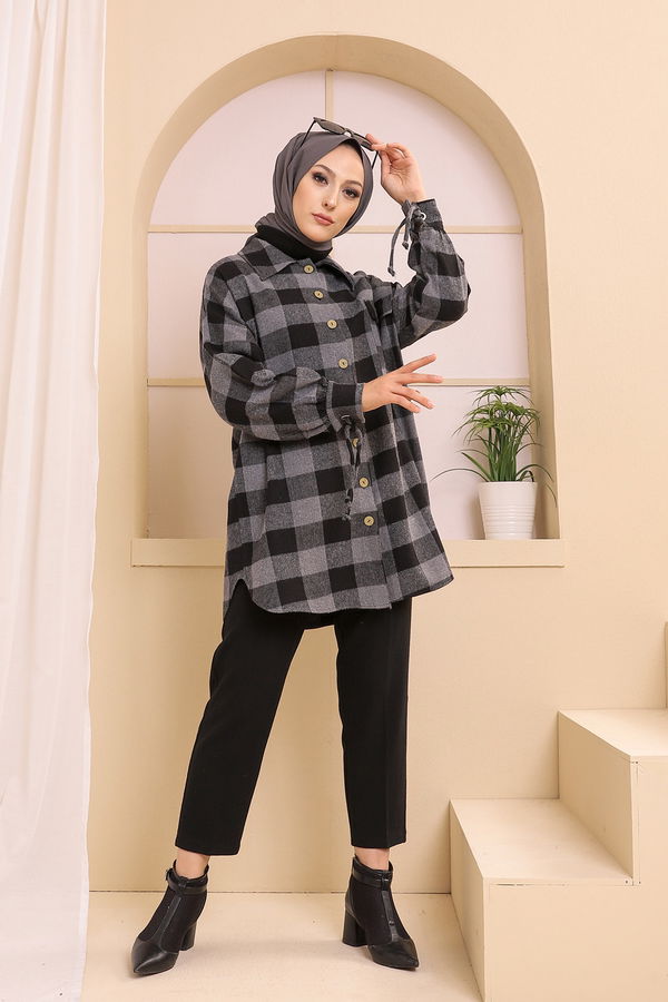 Düz Gömlek Yaka Kadın Gri 3380 TUNIK - 3380