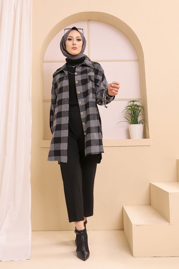 Düz Gömlek Yaka Kadın Gri 3380 TUNIK - 3380