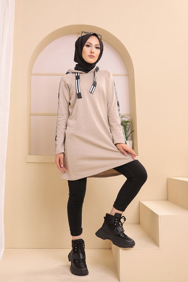 Düz Kapşonlu Yaka Kadın Bej SERITLI TUNIK - 8358 BEJ