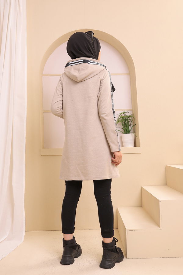 Düz Kapşonlu Yaka Kadın Bej SERITLI TUNIK - 8358 BEJ