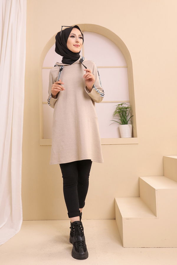 Düz Kapşonlu Yaka Kadın Bej SERITLI TUNIK - 8358 BEJ