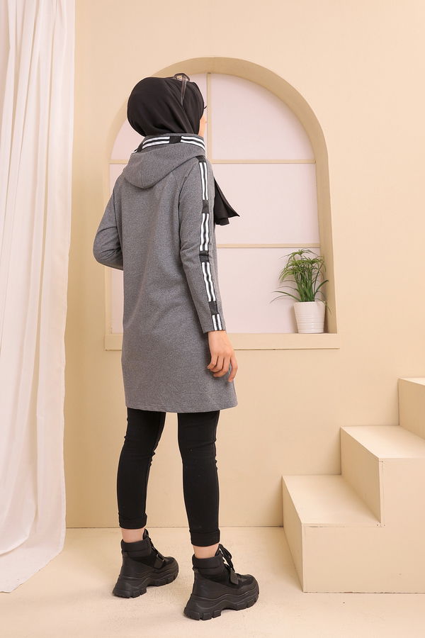 Düz Kapşonlu Yaka Kadın Gri SERITLI TUNIK - 8358 GRİ