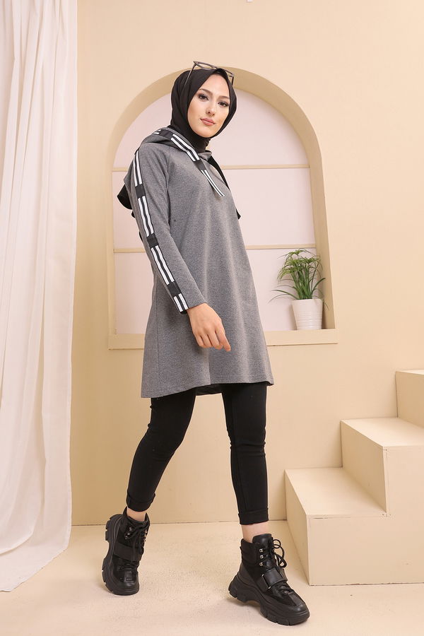 Düz Kapşonlu Yaka Kadın Gri SERITLI TUNIK - 8358 GRİ