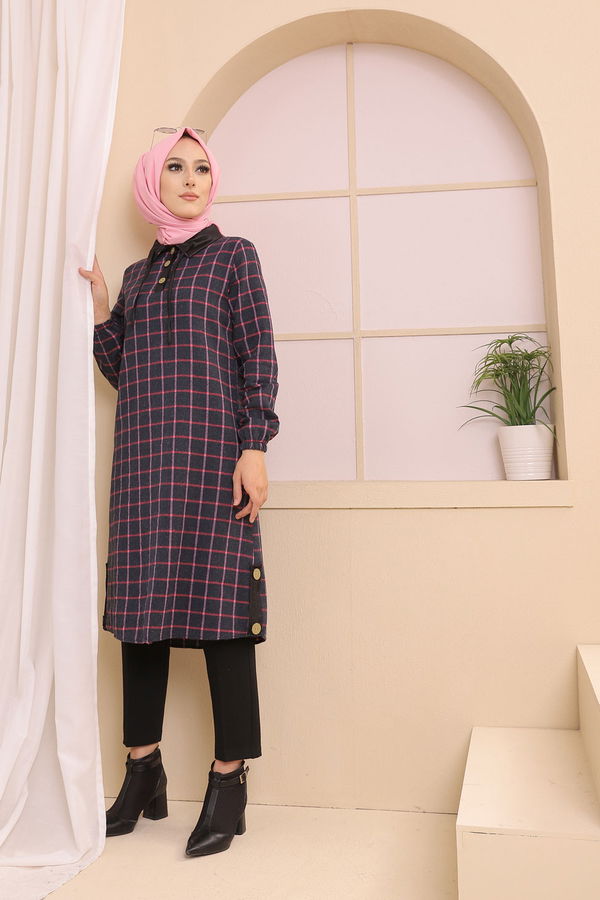 Düz Gömlek Yaka Kadın Lacivert 3310 TUNIK - Yeşil - 46 - 3310 LACİVERT