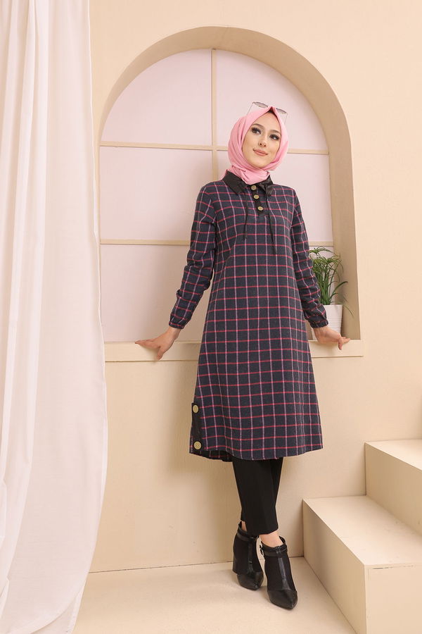 Düz Gömlek Yaka Kadın Lacivert 3310 TUNIK - Yeşil - 46 - 3310 LACİVERT