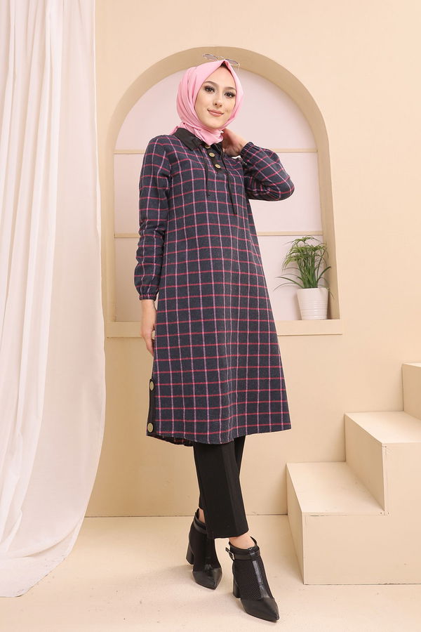 Düz Gömlek Yaka Kadın Lacivert 3310 TUNIK - Yeşil - 46 - 3310 LACİVERT
