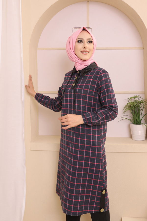 Düz Gömlek Yaka Kadın Lacivert 3310 TUNIK - Yeşil - 46 - 3310 LACİVERT