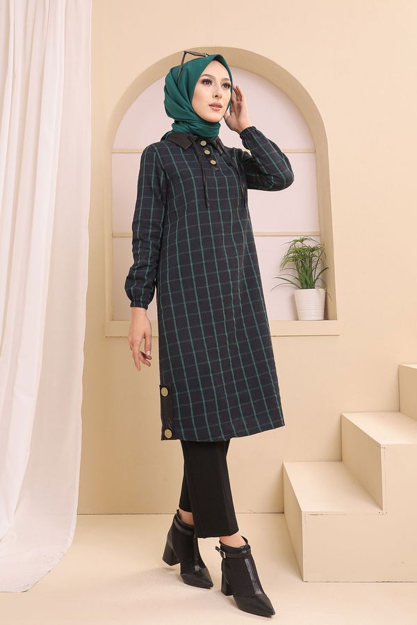 Düz Gömlek Yaka Kadın Lacivert 3310 TUNIK - Yeşil - 46 - 3310 LACİVERT