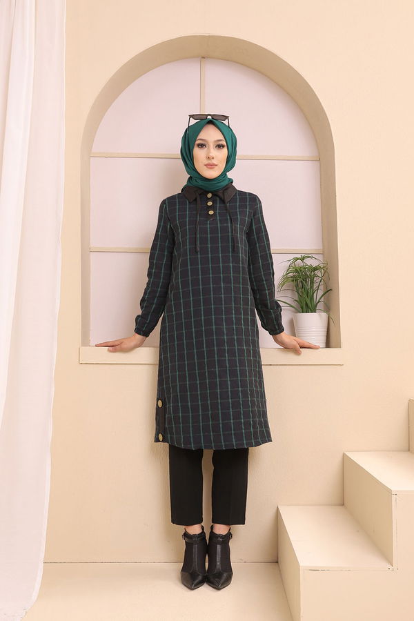 Düz Gömlek Yaka Kadın Lacivert 3310 TUNIK - Yeşil - 46 - 3310 LACİVERT