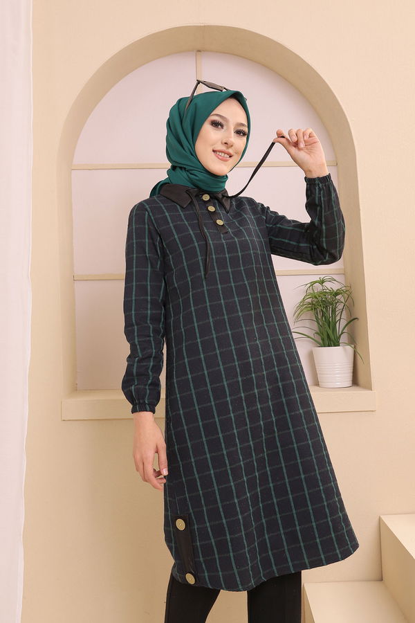 Düz Gömlek Yaka Kadın Lacivert 3310 TUNIK - Yeşil - 46 - 3310 LACİVERT