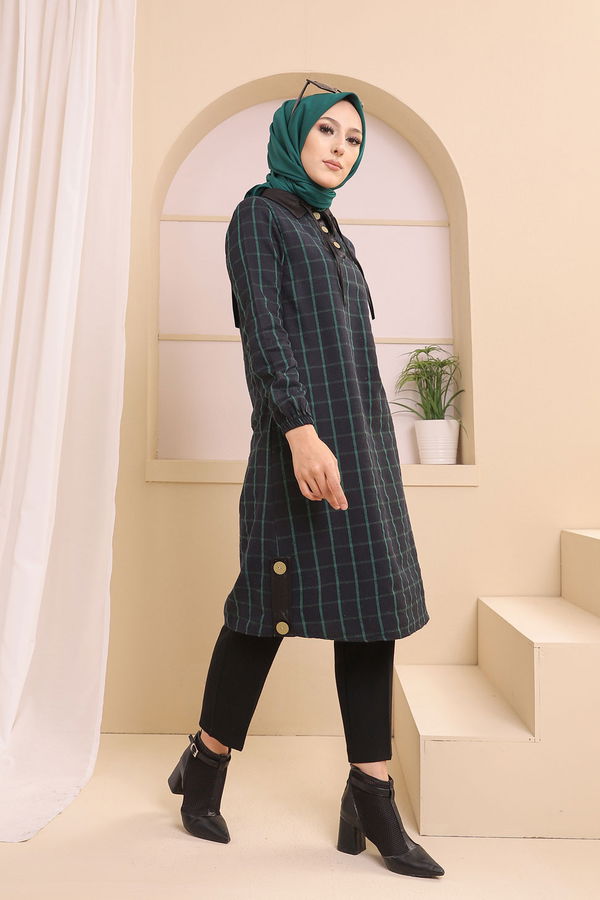 Düz Gömlek Yaka Kadın Lacivert 3310 TUNIK - Yeşil - 46 - 3310 LACİVERT