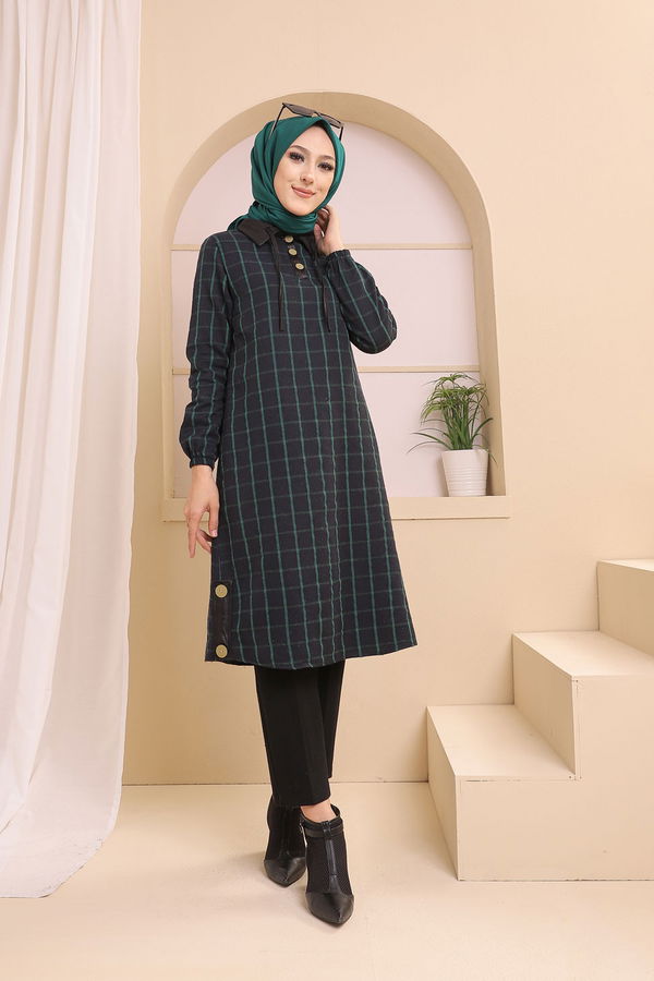 Düz Gömlek Yaka Kadın Lacivert 3310 TUNIK - Yeşil - 46 - 3310 LACİVERT