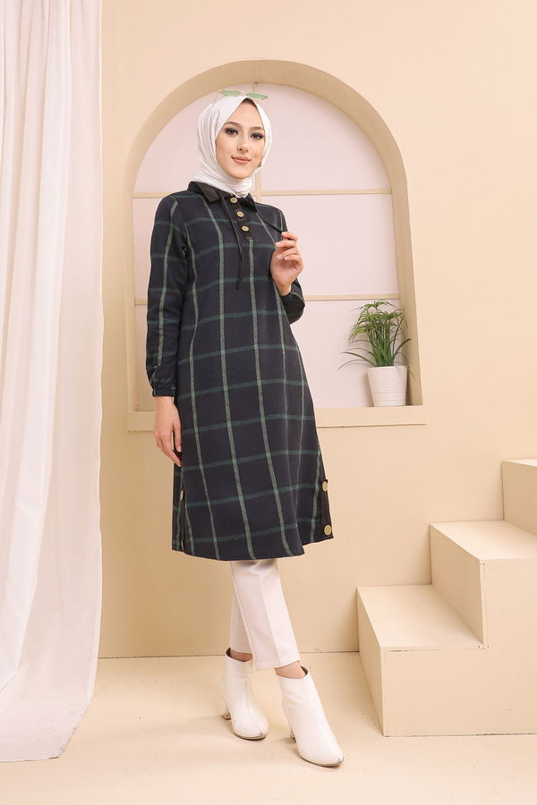 Düz Gömlek Yaka Kadın Lacivert 8635 TUNIK - Yeşil - 46 - 8635