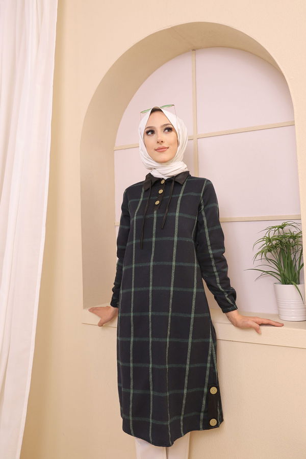 Düz Gömlek Yaka Kadın Lacivert 8635 TUNIK - Yeşil - 46 - 8635