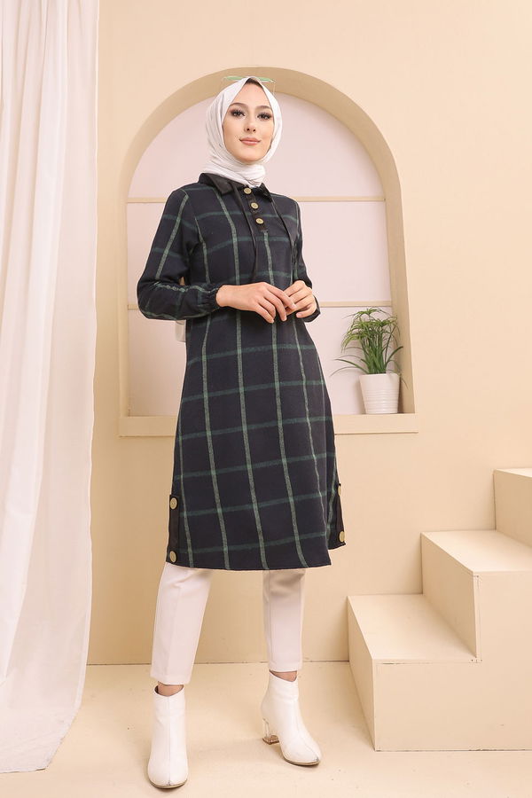 Düz Gömlek Yaka Kadın Lacivert 8635 TUNIK - Yeşil - 46 - 8635