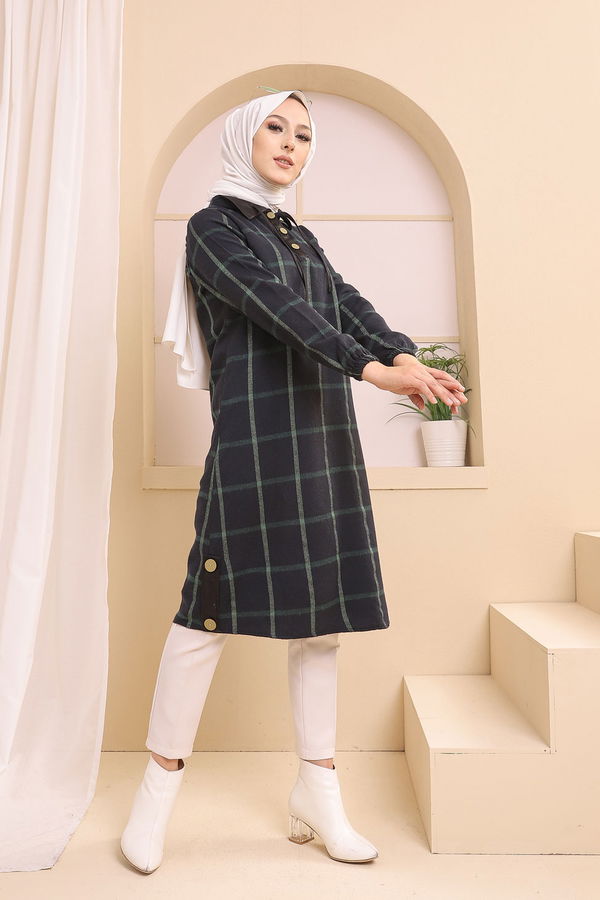 Düz Gömlek Yaka Kadın Lacivert 8635 TUNIK - Yeşil - 46 - 8635