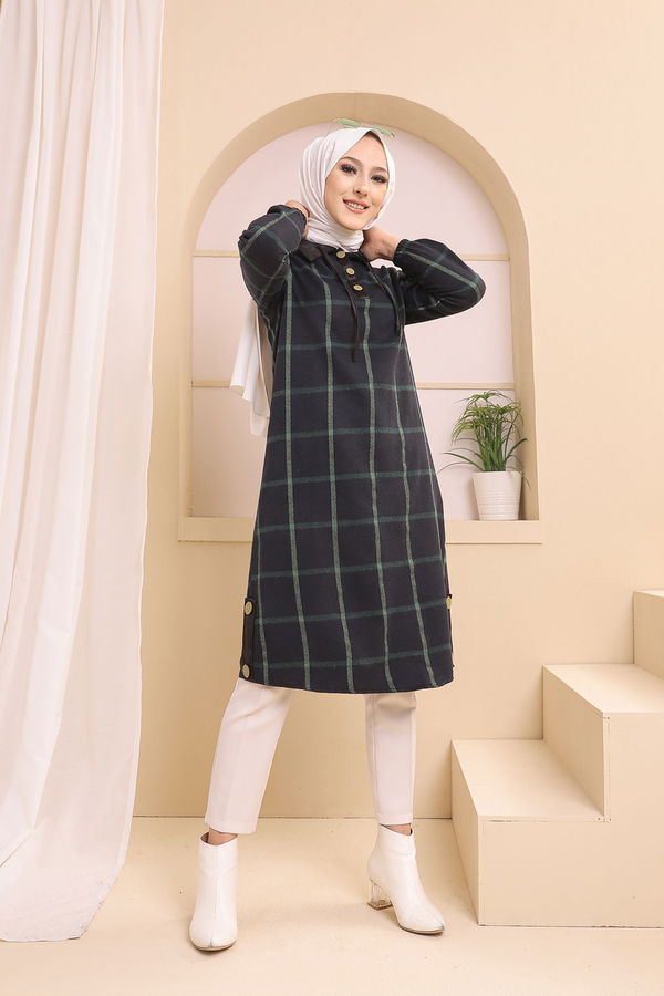 Düz Gömlek Yaka Kadın Lacivert 8635 TUNIK - Yeşil - 46 - 8635