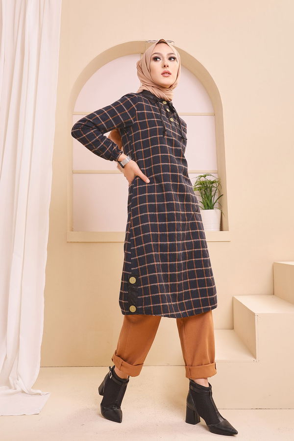 Düz Gömlek Yaka Kadın Lacivert 3310 TUNIK - Yeşil - 46 - 3310 LACİVERT