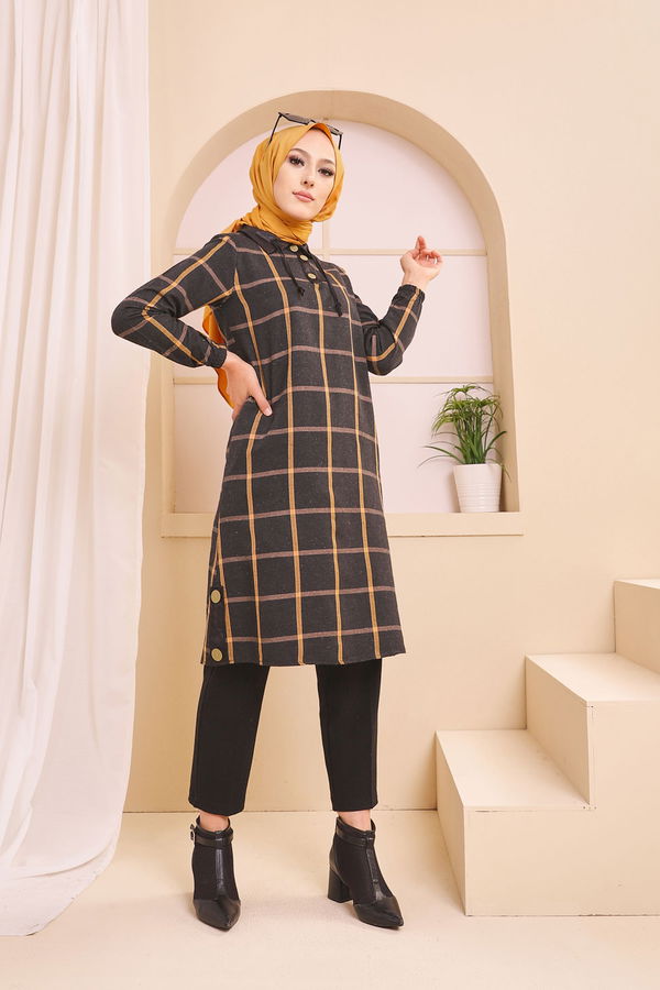 Düz Gömlek Yaka Kadın Antrasit 8635 TUNIK - Yeşil - 46 - 8635