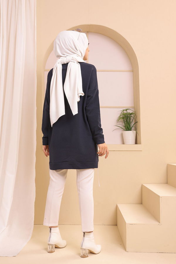 Düz Bisiklet Yaka Kadın Lacivert TUNIK - 3372 LACİVERT