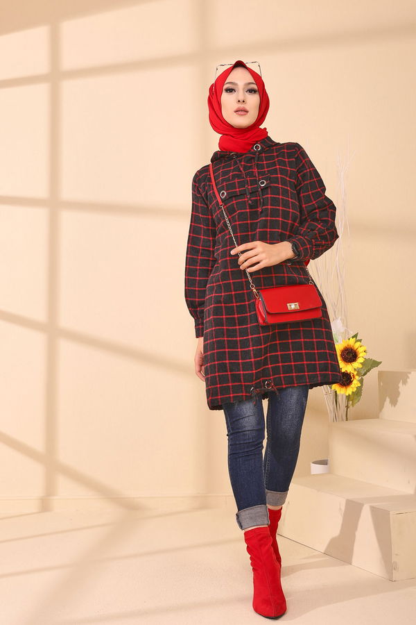 Düz Orta Kadın Kırmızı 3407 TUNIK - 3407 Kırmızı