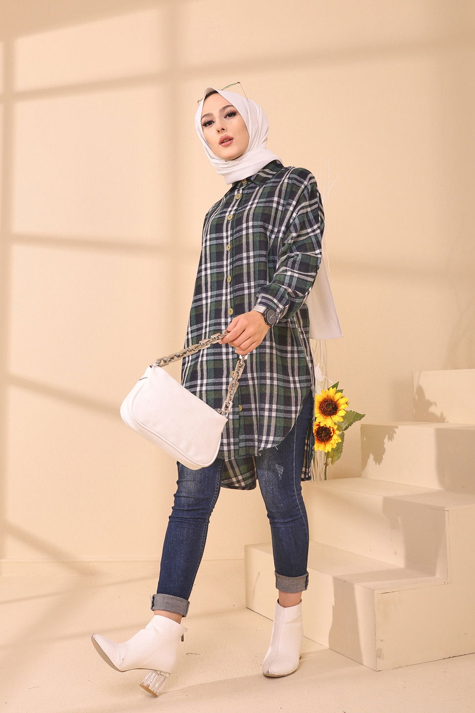 Düz Gömlek Yaka Kadın Yeşil YARASA KOL TUNIK - 3298