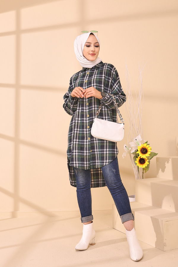 Düz Gömlek Yaka Kadın Yeşil YARASA KOL TUNIK - 3298