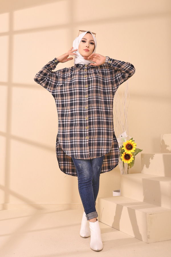 Düz Gömlek Yaka Kadın Lacivert YARASA KOL TUNIK - 3298 LACİVERT