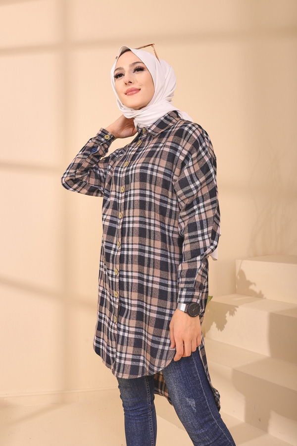 Düz Gömlek Yaka Kadın Lacivert YARASA KOL TUNIK - 3298 LACİVERT