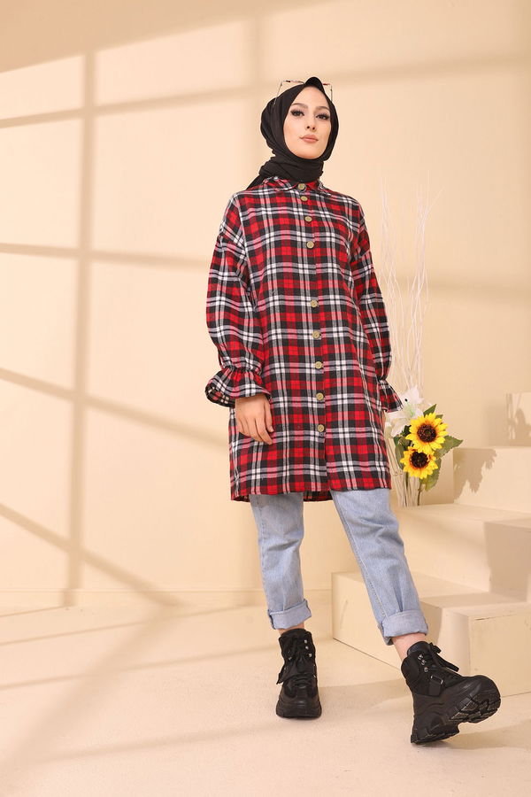 Düz Gömlek Yaka Kadın Kırmızı 3376 TUNIK - 3376 Kırmızı