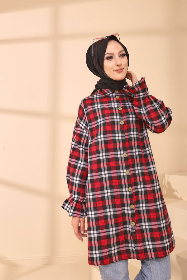 Düz Gömlek Yaka Kadın Kırmızı 3376 TUNIK - 3376 Kırmızı